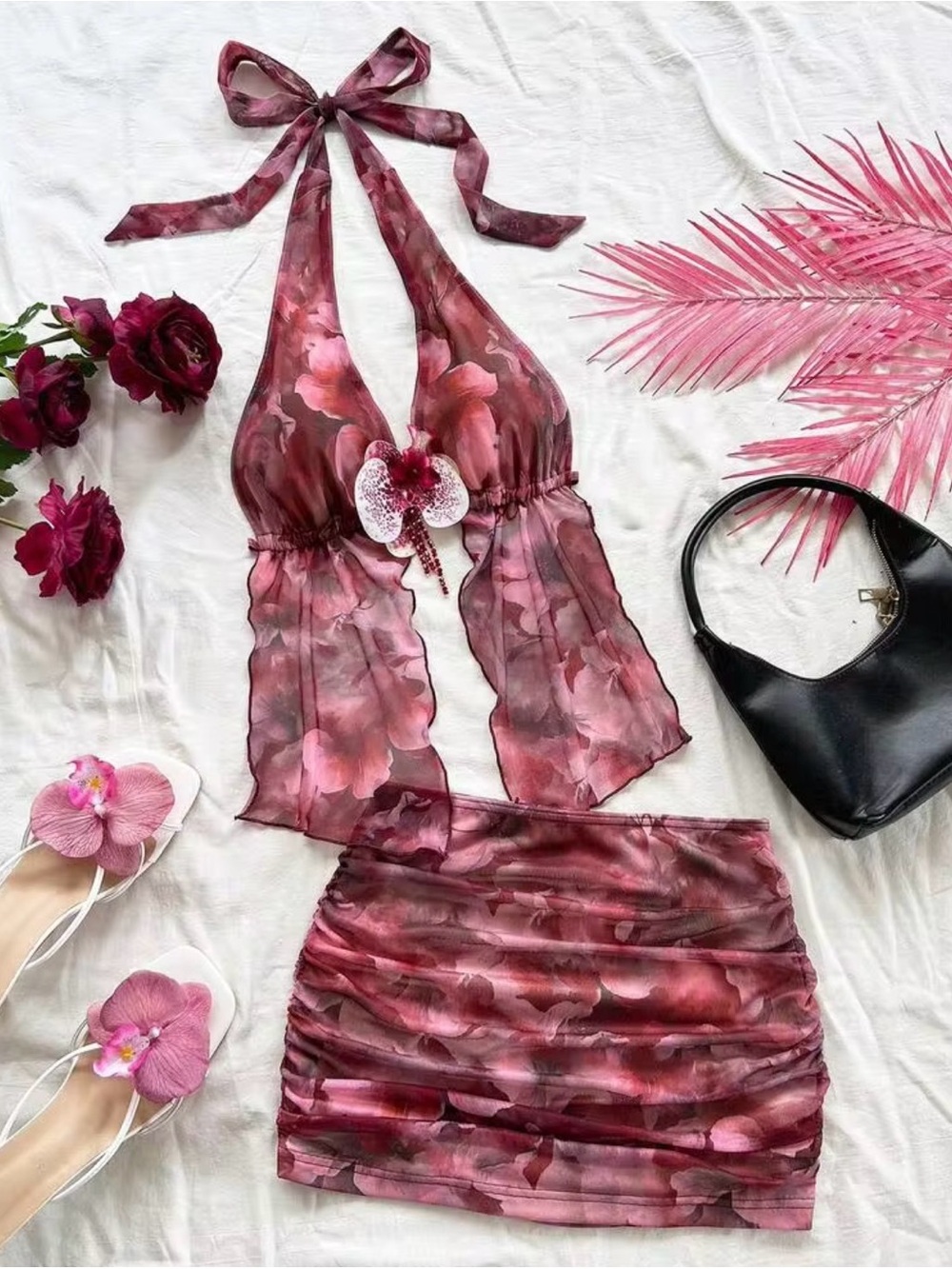 SHEIN Rose Floral Halter Mini Dress Set - Burgundy Pink